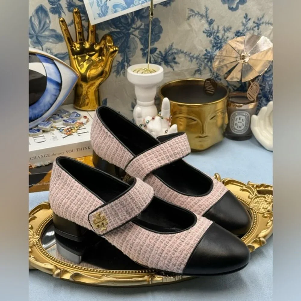 🆕 TORY BURCH 🧿 NWOB Mary Jane Heeled Ballet Flat, Pink Tweed, Sz 7.5 *SAMPLE*